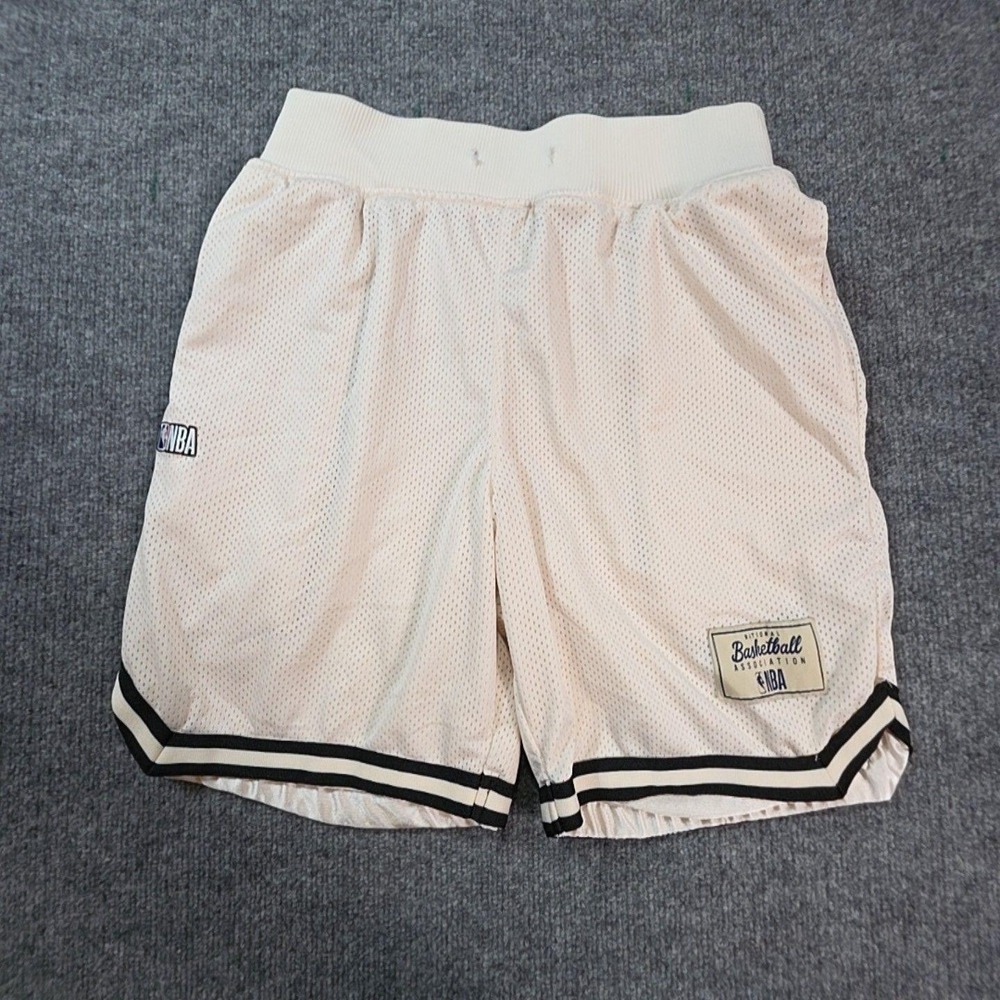 NBA Shorts Mens Small White NBA Basketball Mesh Elastic Waist Striped Hem